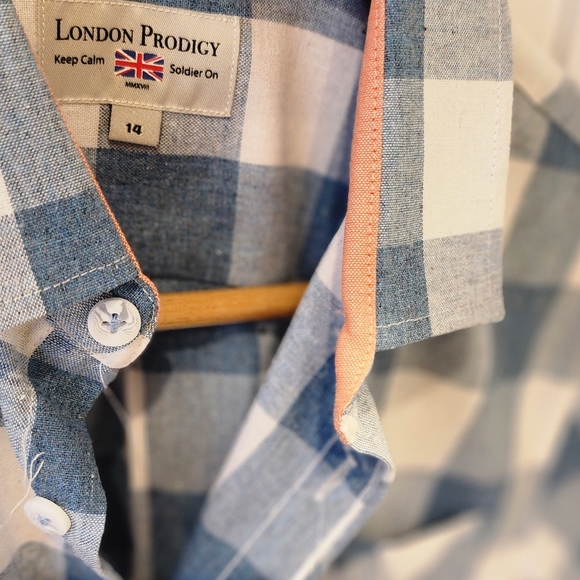 NWT London Prodigy Picture Perfect Short Sleeve Blue/White Plaid Polo Shirt Sz14 - Picture 3 of 14